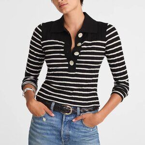 Madewell Ribbed Slim Fit Merino Wool Silk Polo Sweater Black White Size M NWT